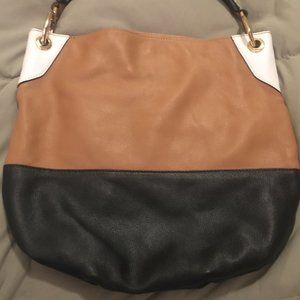 Brown and black leather large tote bag